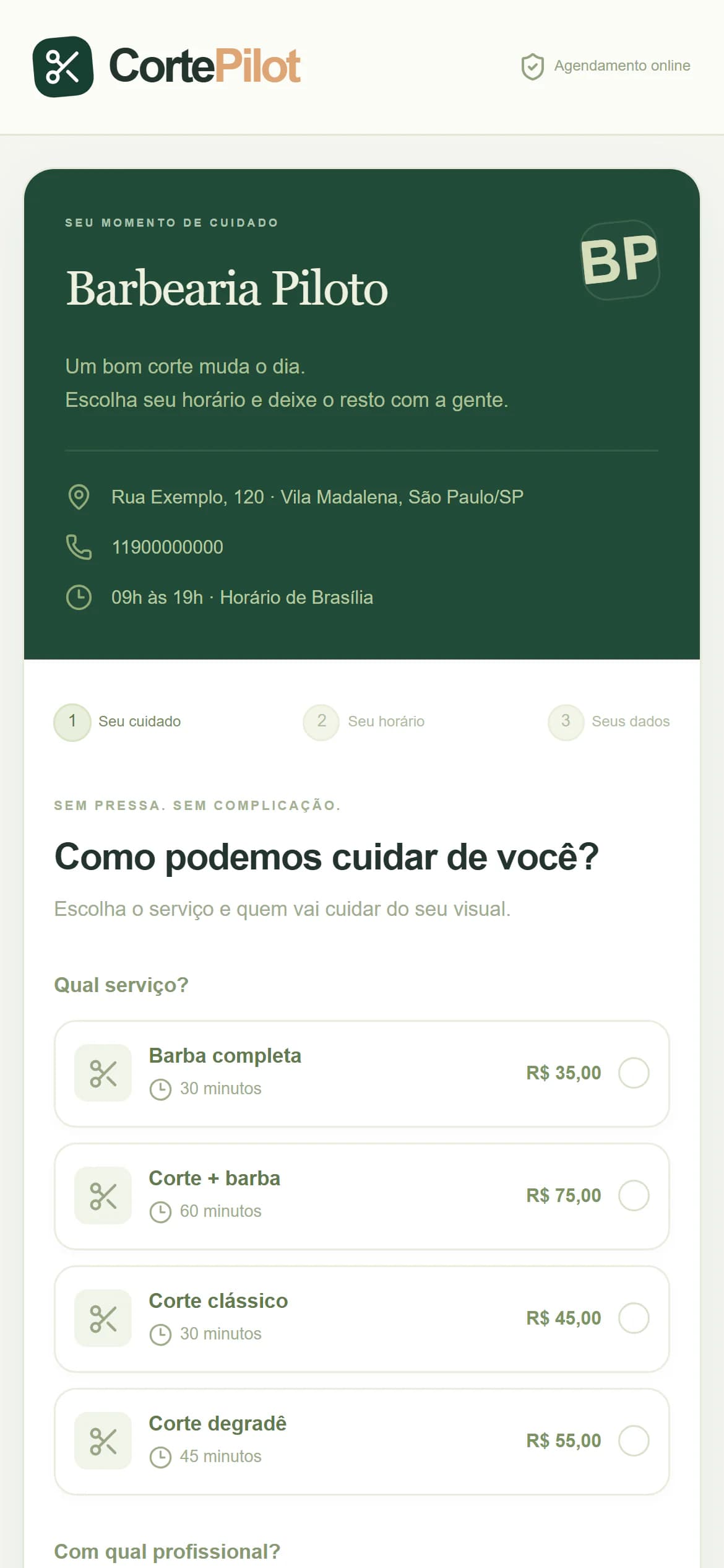 Agendamento público, passo 1 de 5: abre o link da barbearia.