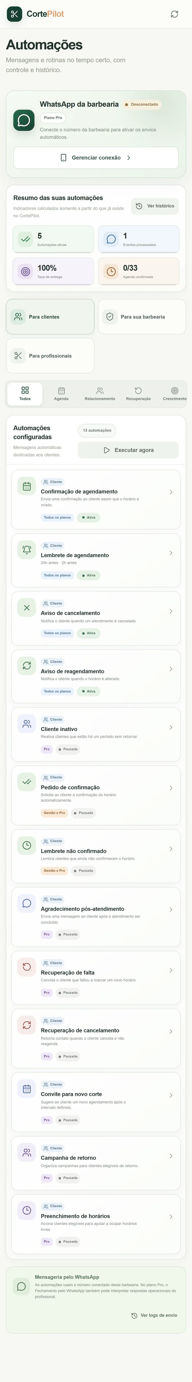 Tela Automações do CortePilot com as abas Para clientes, Para sua barbearia e Para profissionais, filtros por objetivo e a lista de automações com plano e situação.